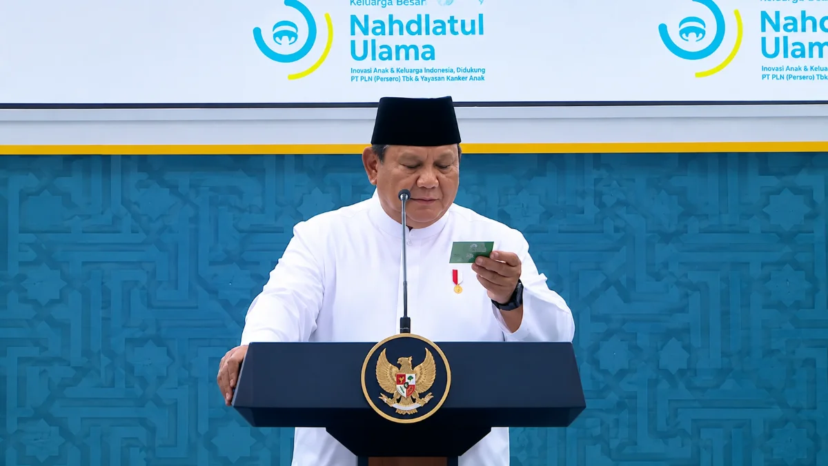 Presiden Prabowo Subianto saat menyampaikan pidato dalam penutupan Muktamar ke-35 NU di Jombang.