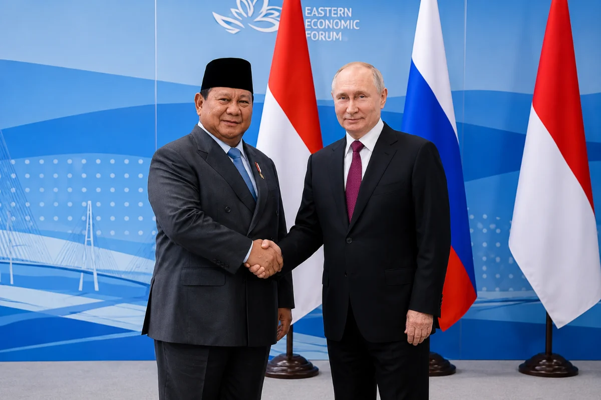 Prabowo Subianto dan Vladimir Putin dalam Eastern Economic Forum di Rusia.